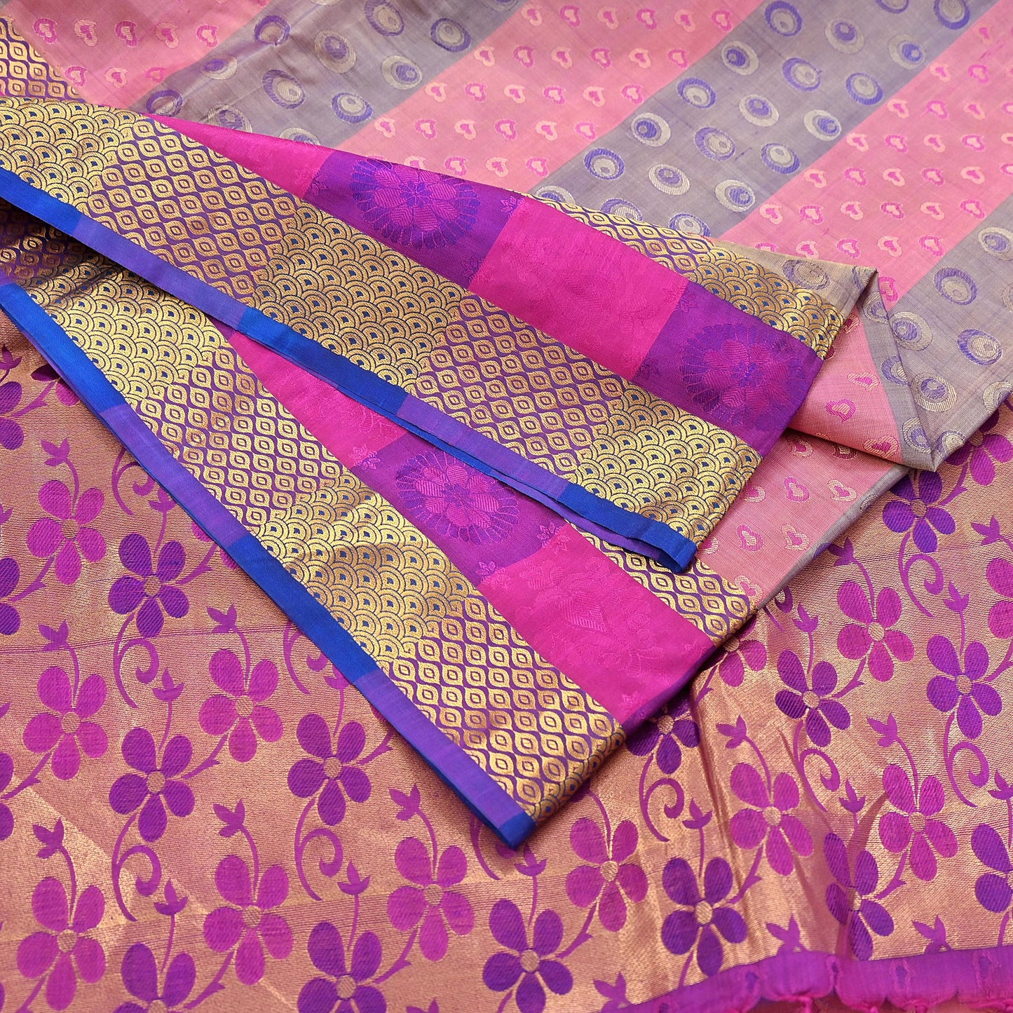 Vintage Kanjivaram Silk Saree Multi Pure Silk Zari Fabric Indian Handwoven 5Yd Craft Material Dressmaking Textile