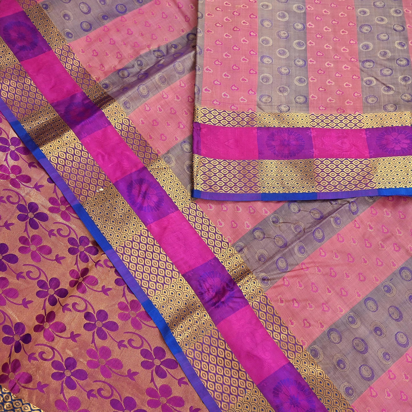 Vintage Kanjivaram Silk Saree Multi Pure Silk Zari Fabric Indian Handwoven 5Yd Craft Material Dressmaking Textile