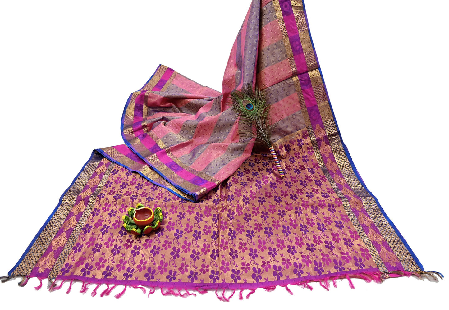 Vintage Kanjivaram Silk Saree Multi Pure Silk Zari Fabric Indian Handwoven 5Yd Craft Material Dressmaking Textile