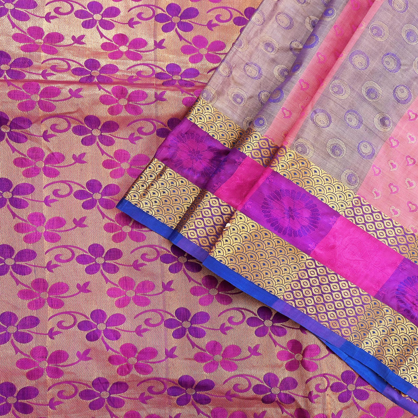 Vintage Kanjivaram Silk Saree Multi Pure Silk Zari Fabric Indian Handwoven 5Yd Craft Material Dressmaking Textile