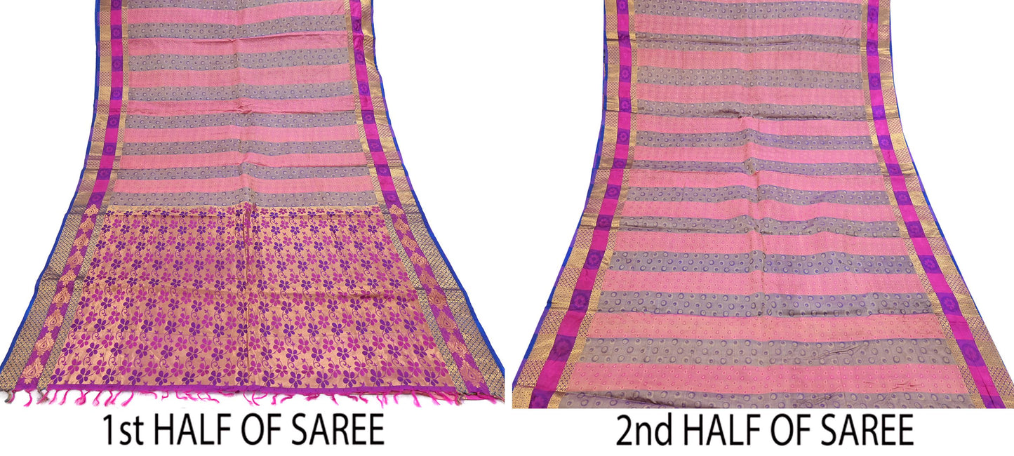 Vintage Kanjivaram Silk Saree Multi Pure Silk Zari Fabric Indian Handwoven 5Yd Craft Material Dressmaking Textile
