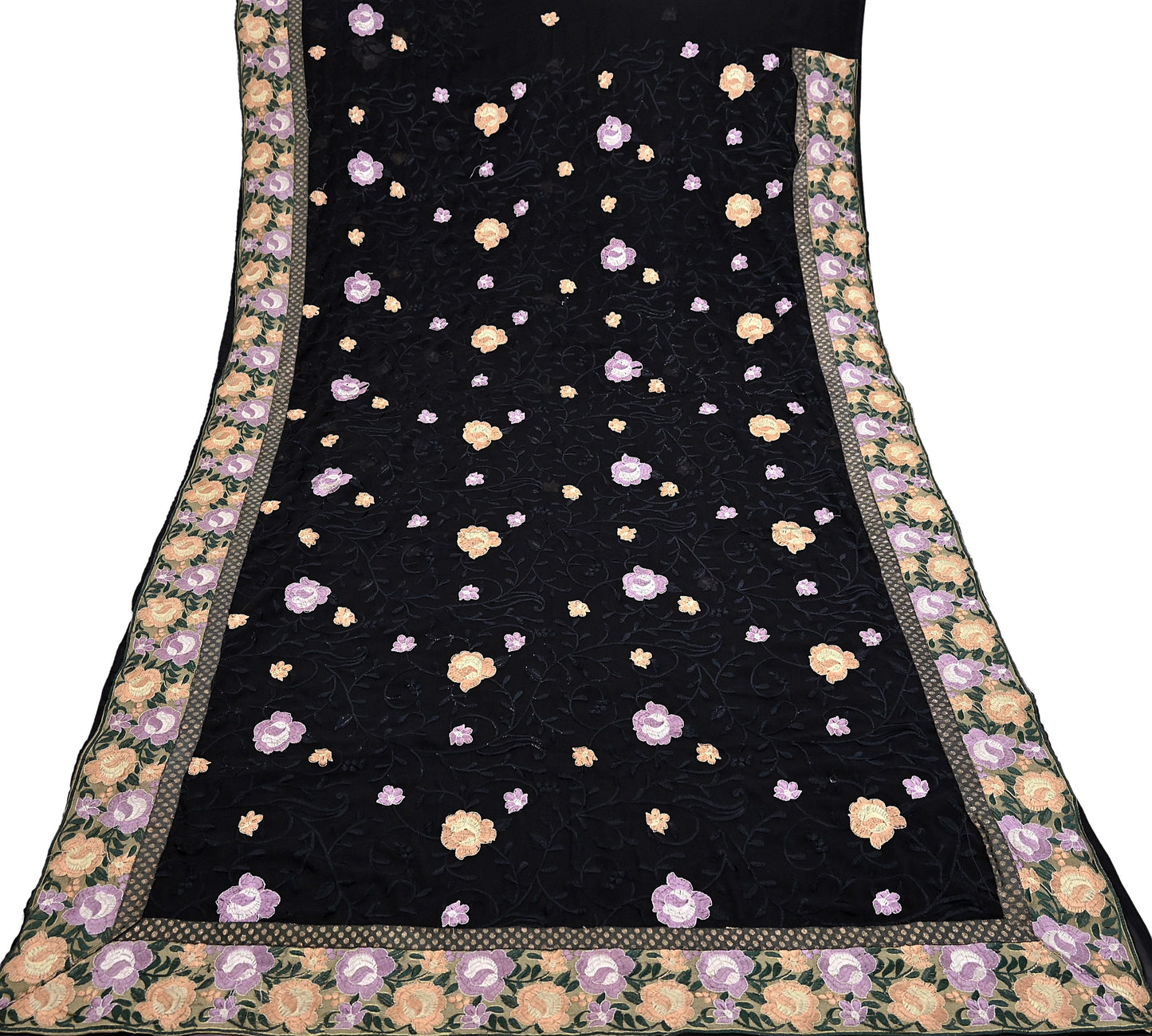 Indian Vintage Sari Black Georgette Embroidered Sarees Craft Fabric 5Yd Sewing Soft Ethnic Dress Making Bridal Saree