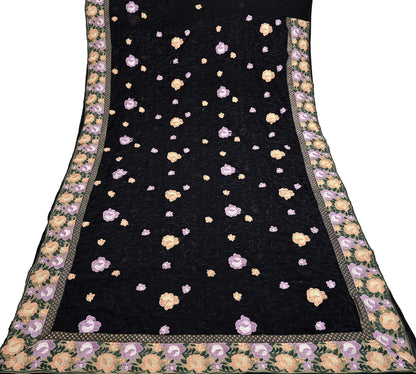 Indian Vintage Sari Black Georgette Embroidered Sarees Craft Fabric 5Yd Sewing Soft Ethnic Dress Making Bridal Saree