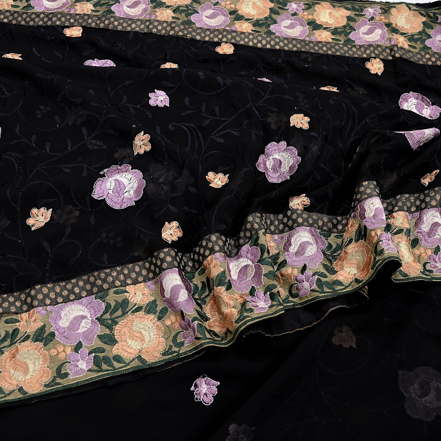 Indian Vintage Sari Black Georgette Embroidered Sarees Craft Fabric 5Yd Sewing Soft Ethnic Dress Making Bridal Saree