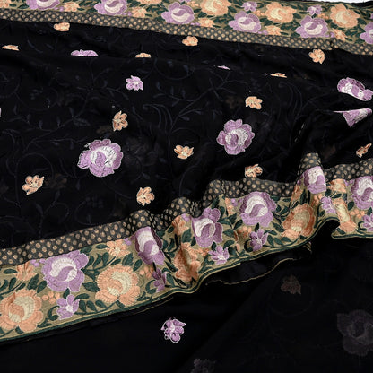 Indian Vintage Sari Black Georgette Embroidered Sarees Craft Fabric 5Yd Sewing Soft Ethnic Dress Making Bridal Saree