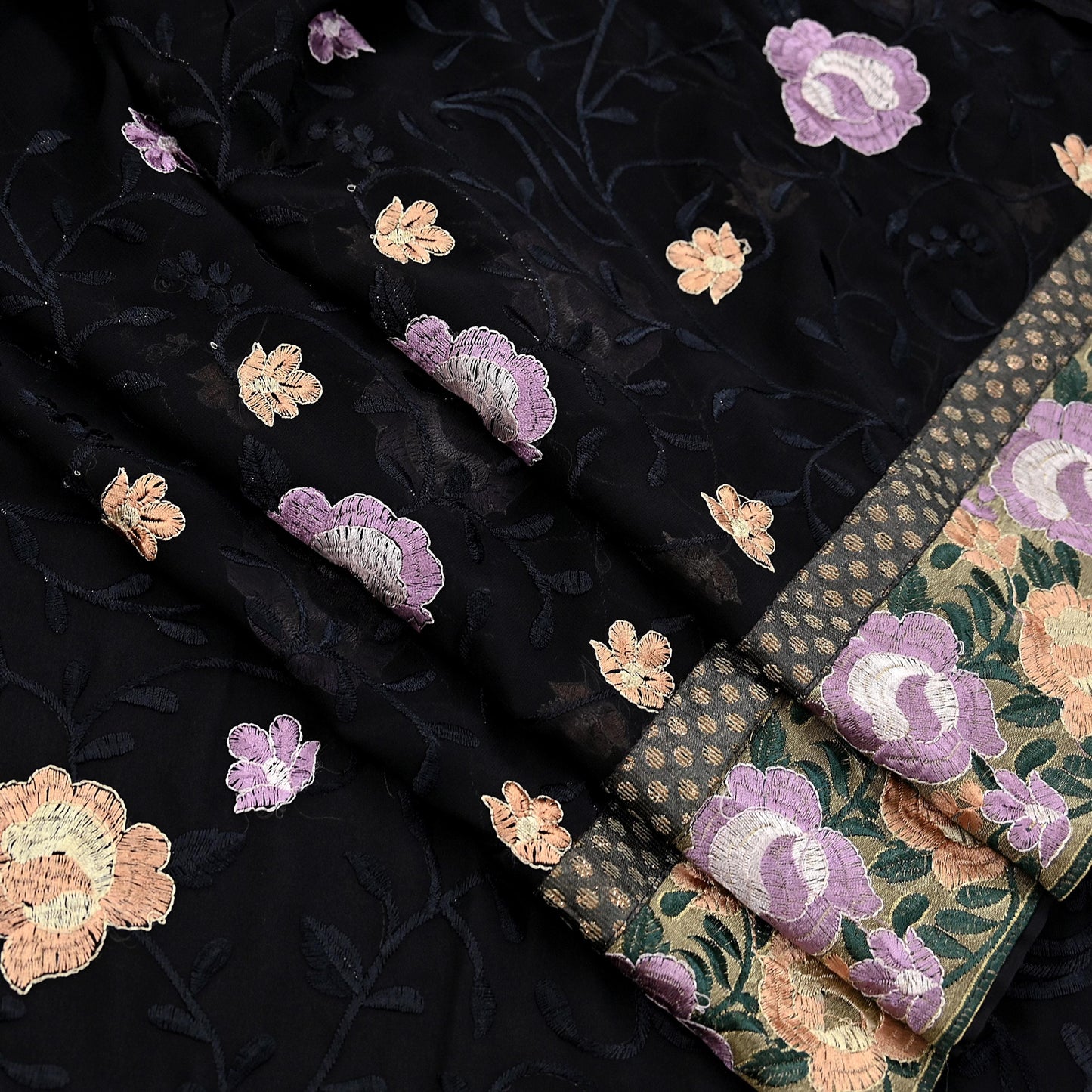 Indian Vintage Sari Black Georgette Embroidered Sarees Craft Fabric 5Yd Sewing Soft Ethnic Dress Making Bridal Saree