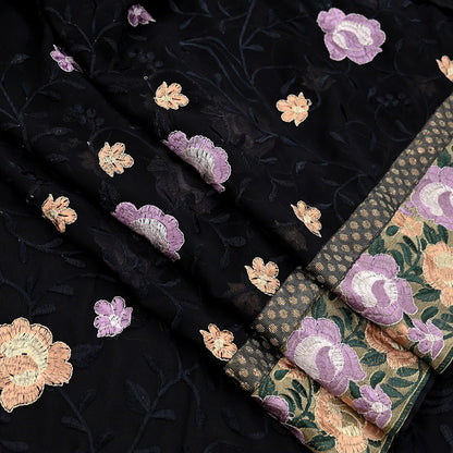 Indian Vintage Sari Black Georgette Embroidered Sarees Craft Fabric 5Yd Sewing Soft Ethnic Dress Making Bridal Saree
