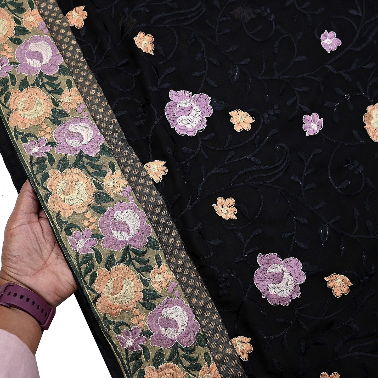 Indian Vintage Sari Black Georgette Embroidered Sarees Craft Fabric 5Yd Sewing Soft Ethnic Dress Making Bridal Saree
