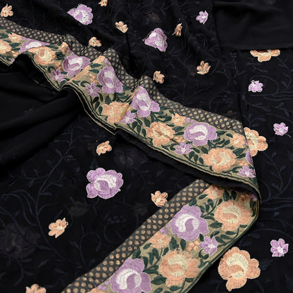 Indian Vintage Sari Black Georgette Embroidered Sarees Craft Fabric 5Yd Sewing Soft Ethnic Dress Making Bridal Saree