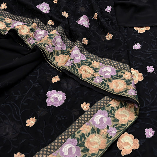 Indian Vintage Sari Black Georgette Embroidered Sarees Craft Fabric 5Yd Sewing Soft Ethnic Dress Making Bridal Saree