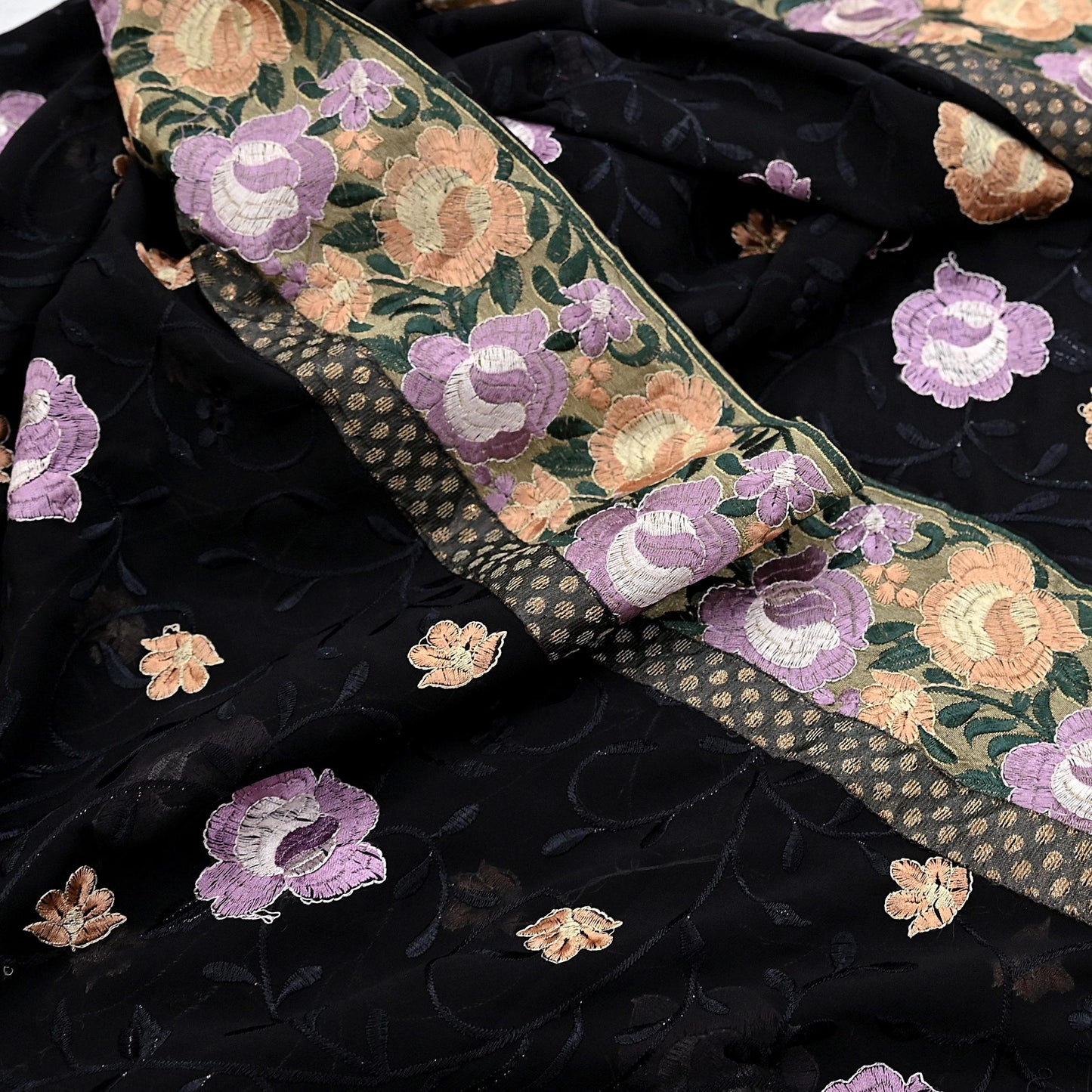 Indian Vintage Sari Black Georgette Embroidered Sarees Craft Fabric 5Yd Sewing Soft Ethnic Dress Making Bridal Saree