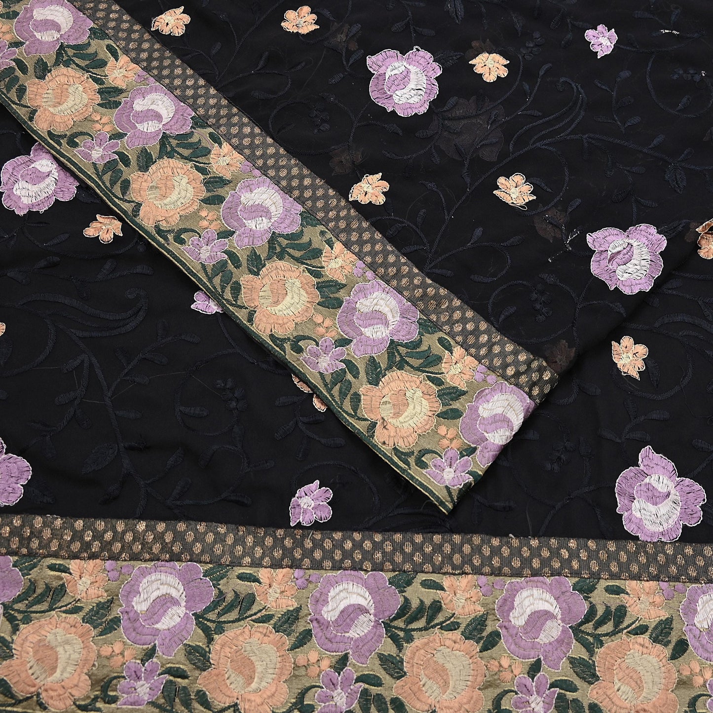 Indian Vintage Sari Black Georgette Embroidered Sarees Craft Fabric 5Yd Sewing Soft Ethnic Dress Making Bridal Saree