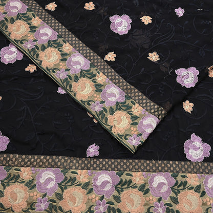 Indian Vintage Sari Black Georgette Embroidered Sarees Craft Fabric 5Yd Sewing Soft Ethnic Dress Making Bridal Saree
