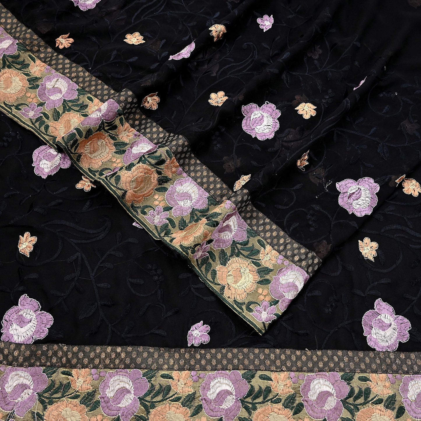 Indian Vintage Sari Black Georgette Embroidered Sarees Craft Fabric 5Yd Sewing Soft Ethnic Dress Making Bridal Saree