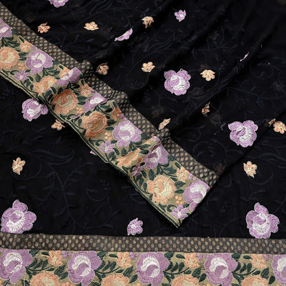 Indian Vintage Sari Black Georgette Embroidered Sarees Craft Fabric 5Yd Sewing Soft Ethnic Dress Making Bridal Saree