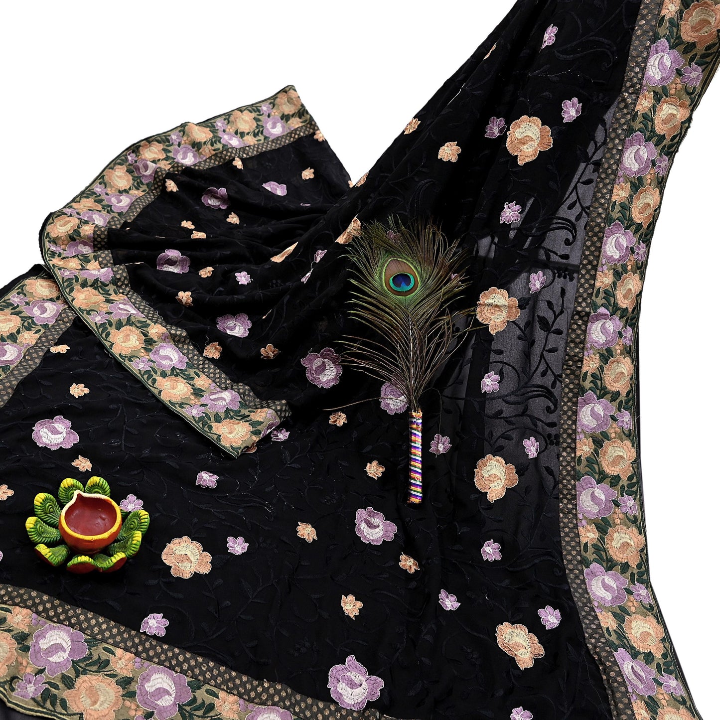 Indian Vintage Sari Black Georgette Embroidered Sarees Craft Fabric 5Yd Sewing Soft Ethnic Dress Making Bridal Saree