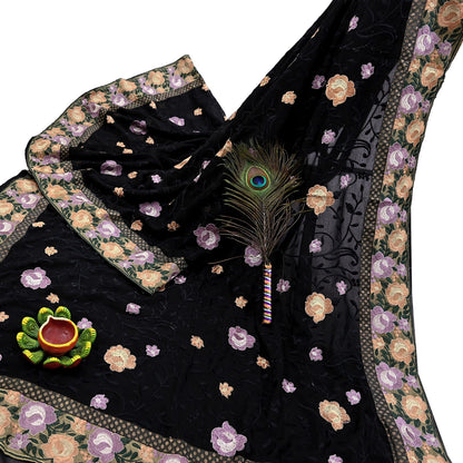 Indian Vintage Sari Black Georgette Embroidered Sarees Craft Fabric 5Yd Sewing Soft Ethnic Dress Making Bridal Saree