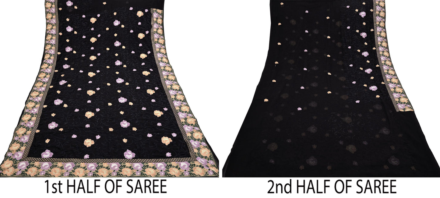 Indian Vintage Sari Black Georgette Embroidered Sarees Craft Fabric 5Yd Sewing Soft Ethnic Dress Making Bridal Saree