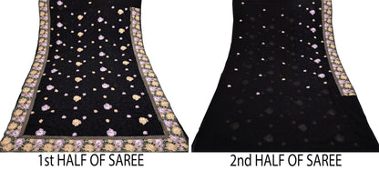 Indian Vintage Sari Black Georgette Embroidered Sarees Craft Fabric 5Yd Sewing Soft Ethnic Dress Making Bridal Saree
