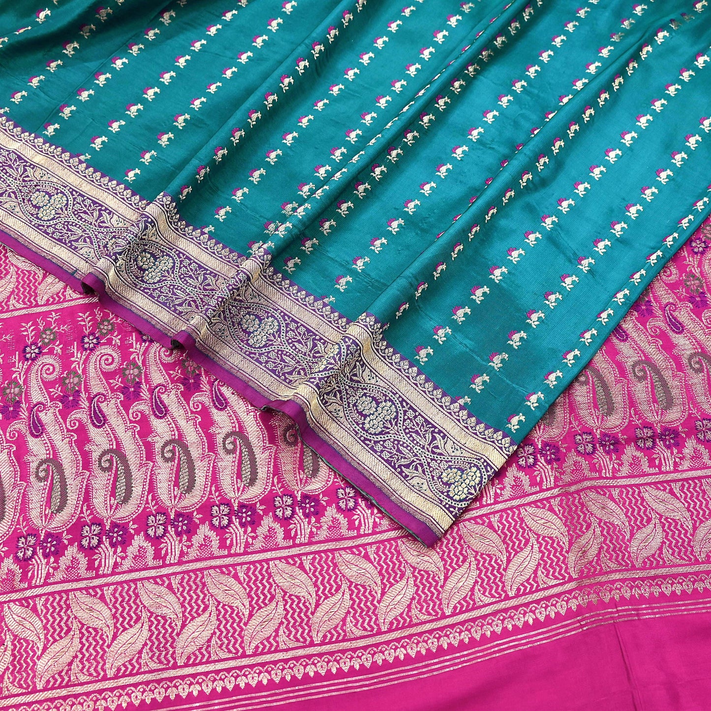 Vintage Banarasi Silk Saree Rani Pink Green Heavy Satin Silk Brocade Fabric Golden Zari Bridal Wedding Crafting 5 Yard