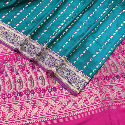 Vintage Banarasi Silk Saree Rani Pink Green Heavy Satin Silk Brocade Fabric Golden Zari Bridal Wedding Crafting 5 Yard