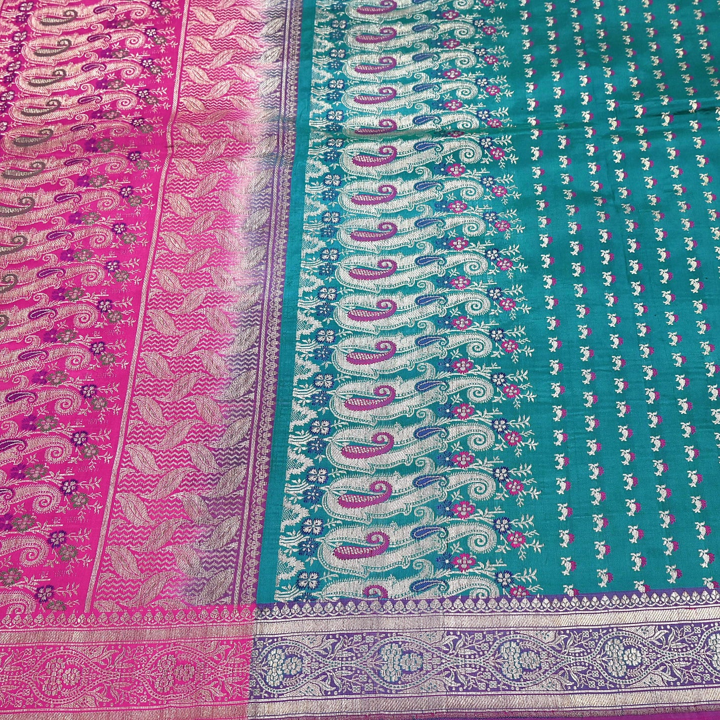 Vintage Banarasi Silk Saree Rani Pink Green Heavy Satin Silk Brocade Fabric Golden Zari Bridal Wedding Crafting 5 Yard