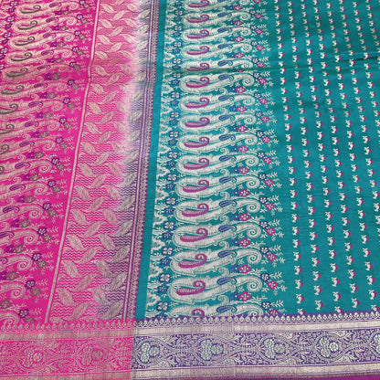 Vintage Banarasi Silk Saree Rani Pink Green Heavy Satin Silk Brocade Fabric Golden Zari Bridal Wedding Crafting 5 Yard