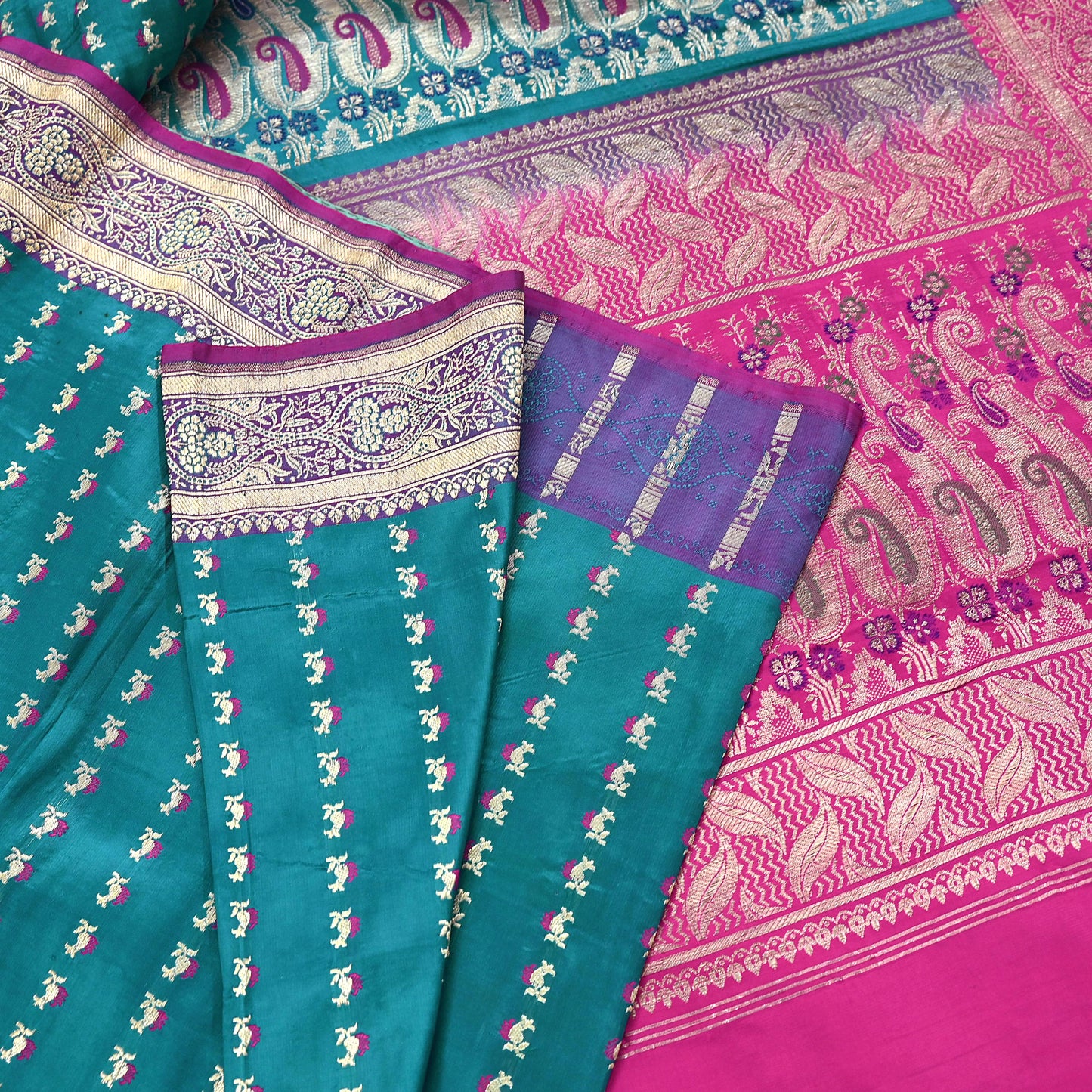 Vintage Banarasi Silk Saree Rani Pink Green Heavy Satin Silk Brocade Fabric Golden Zari Bridal Wedding Crafting 5 Yard