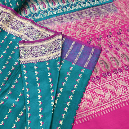 Vintage Banarasi Silk Saree Rani Pink Green Heavy Satin Silk Brocade Fabric Golden Zari Bridal Wedding Crafting 5 Yard