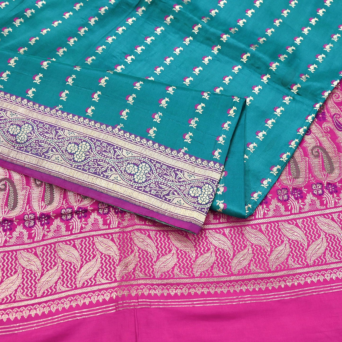 Vintage Banarasi Silk Saree Rani Pink Green Heavy Satin Silk Brocade Fabric Golden Zari Bridal Wedding Crafting 5 Yard