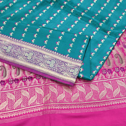 Vintage Banarasi Silk Saree Rani Pink Green Heavy Satin Silk Brocade Fabric Golden Zari Bridal Wedding Crafting 5 Yard