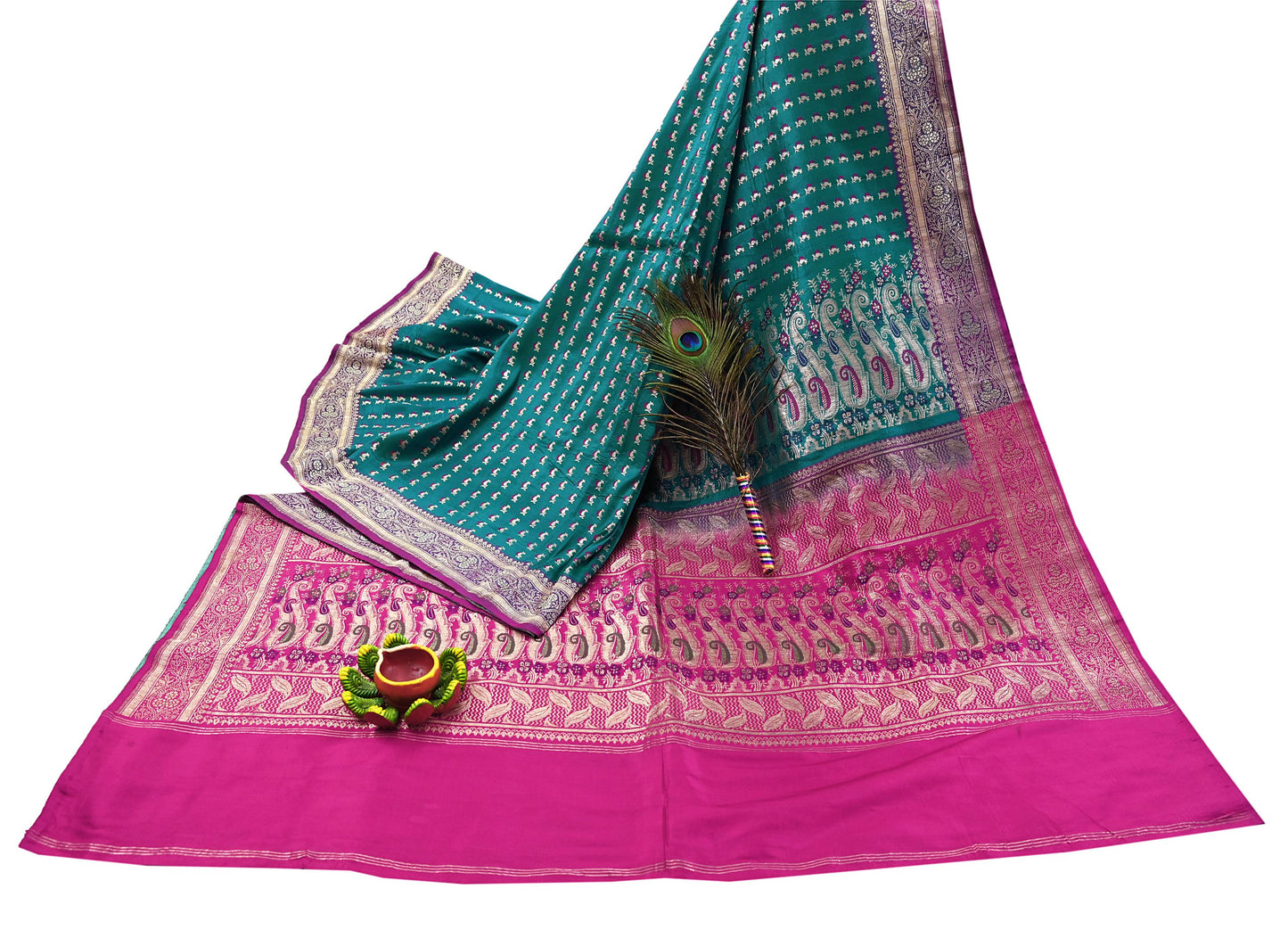 Vintage Banarasi Silk Saree Rani Pink Green Heavy Satin Silk Brocade Fabric Golden Zari Bridal Wedding Crafting 5 Yard