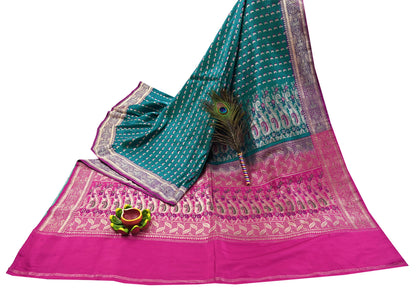 Vintage Banarasi Silk Saree Rani Pink Green Heavy Satin Silk Brocade Fabric Golden Zari Bridal Wedding Crafting 5 Yard