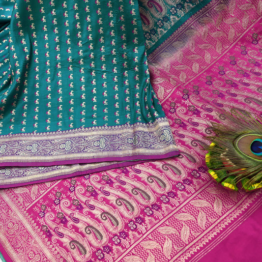 Vintage Banarasi Silk Saree Rani Pink Green Heavy Satin Silk Brocade Fabric Golden Zari Bridal Wedding Crafting 5 Yard