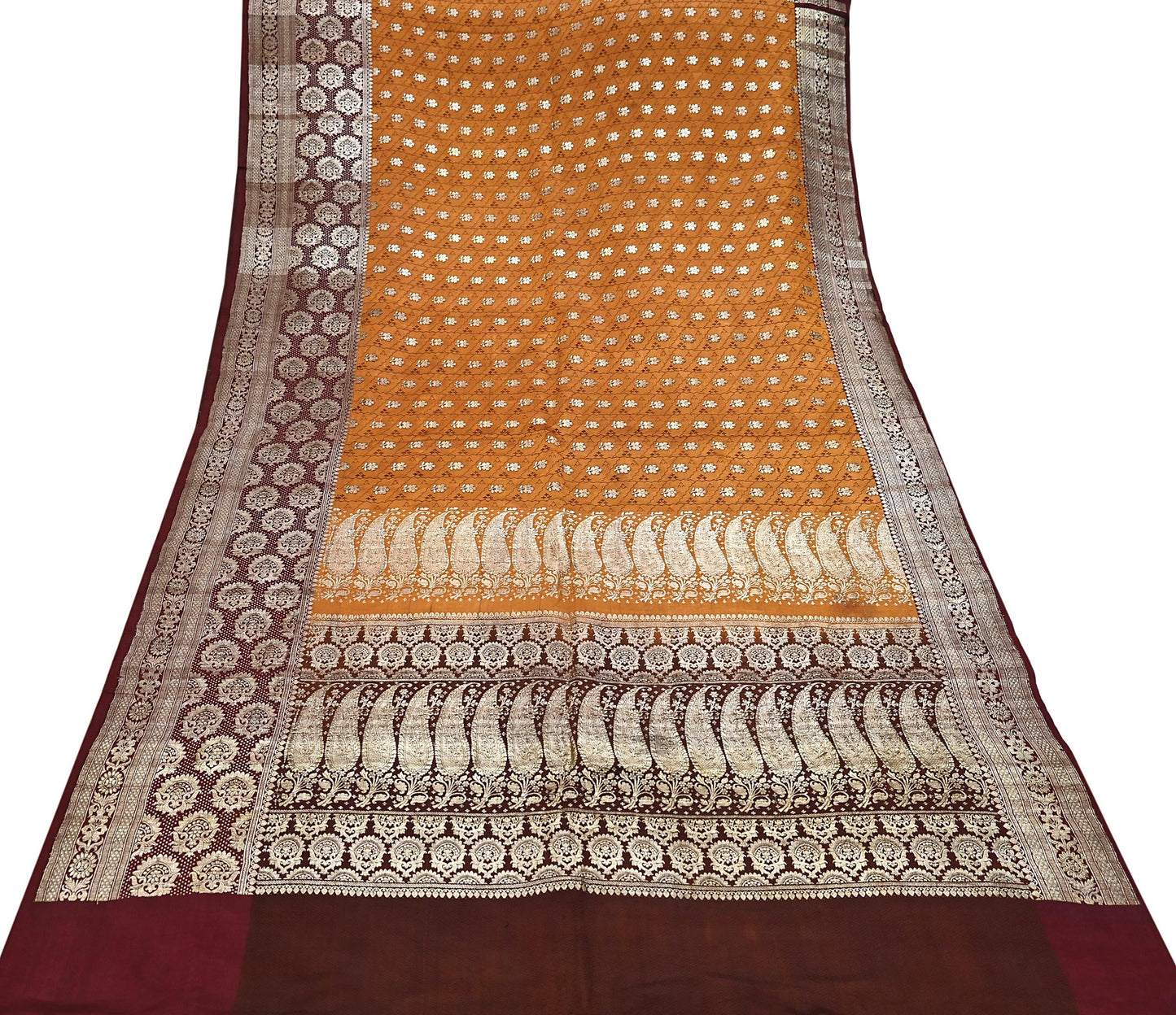 Indian Vintage Sari Brown & Mustard Heavy Pure Satin Silk Woven Banarasi Tanchoi Saree 5Yd Ethnic Craft Fabric Upcycle Bridal Heavy Sarees