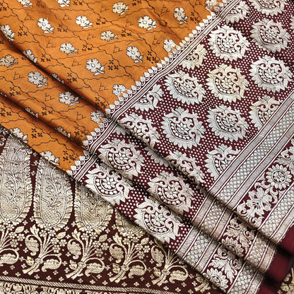 Indian Vintage Sari Brown & Mustard Heavy Pure Satin Silk Woven Banarasi Tanchoi Saree 5Yd Ethnic Craft Fabric Upcycle Bridal Heavy Sarees