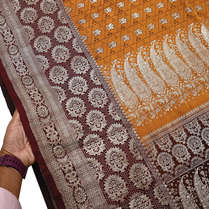 Indian Vintage Sari Brown & Mustard Heavy Pure Satin Silk Woven Banarasi Tanchoi Saree 5Yd Ethnic Craft Fabric Upcycle Bridal Heavy Sarees