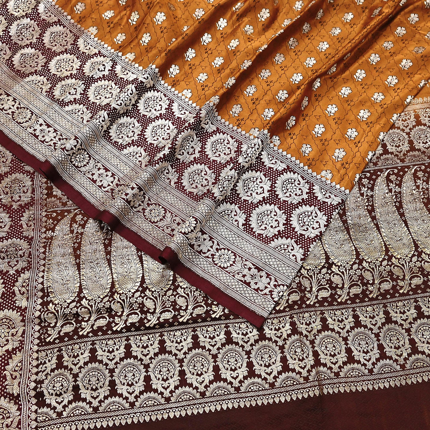Indian Vintage Sari Brown & Mustard Heavy Pure Satin Silk Woven Banarasi Tanchoi Saree 5Yd Ethnic Craft Fabric Upcycle Bridal Heavy Sarees