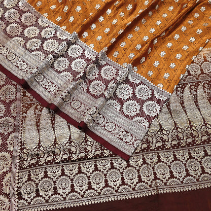 Indian Vintage Sari Brown & Mustard Heavy Pure Satin Silk Woven Banarasi Tanchoi Saree 5Yd Ethnic Craft Fabric Upcycle Bridal Heavy Sarees