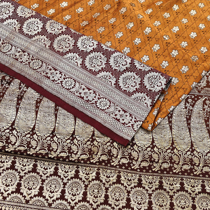 Indian Vintage Sari Brown & Mustard Heavy Pure Satin Silk Woven Banarasi Tanchoi Saree 5Yd Ethnic Craft Fabric Upcycle Bridal Heavy Sarees