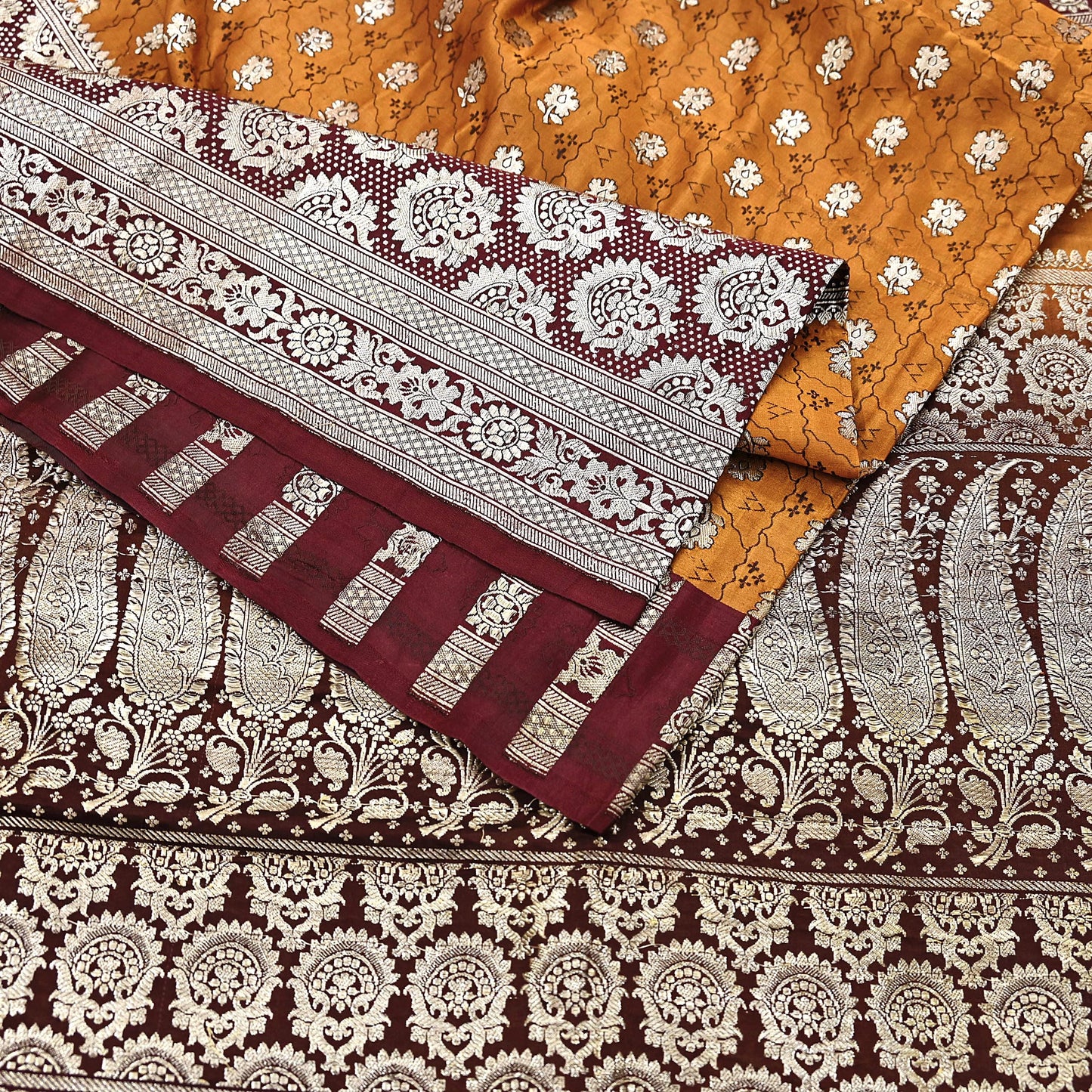 Indian Vintage Sari Brown & Mustard Heavy Pure Satin Silk Woven Banarasi Tanchoi Saree 5Yd Ethnic Craft Fabric Upcycle Bridal Heavy Sarees