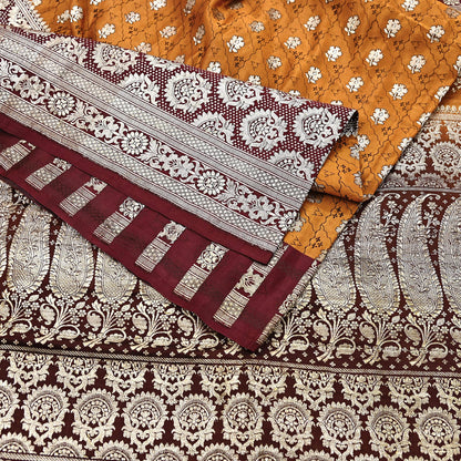 Indian Vintage Sari Brown & Mustard Heavy Pure Satin Silk Woven Banarasi Tanchoi Saree 5Yd Ethnic Craft Fabric Upcycle Bridal Heavy Sarees