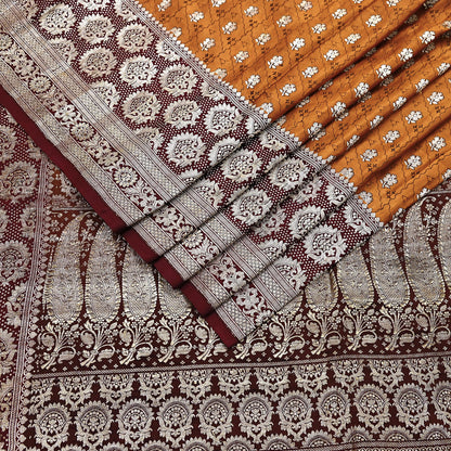 Indian Vintage Sari Brown & Mustard Heavy Pure Satin Silk Woven Banarasi Tanchoi Saree 5Yd Ethnic Craft Fabric Upcycle Bridal Heavy Sarees