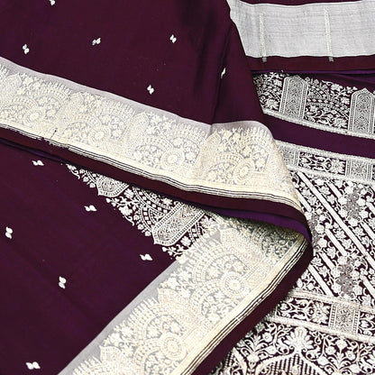 Indian Vintage Sari Wine & Gray Heavy Wedding Pure Satin Silk Banarasi Brocade Saree Zari 5Yd Craft Fabric Ethnic Dress making Crafting