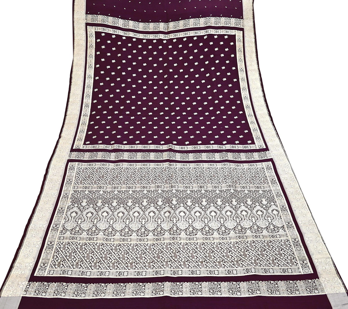 Indian Vintage Sari Wine & Gray Heavy Wedding Pure Satin Silk Banarasi Brocade Saree Zari 5Yd Craft Fabric Ethnic Dress making Crafting