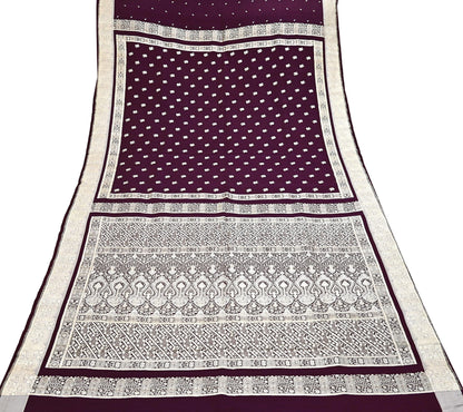 Indian Vintage Sari Wine & Gray Heavy Wedding Pure Satin Silk Banarasi Brocade Saree Zari 5Yd Craft Fabric Ethnic Dress making Crafting