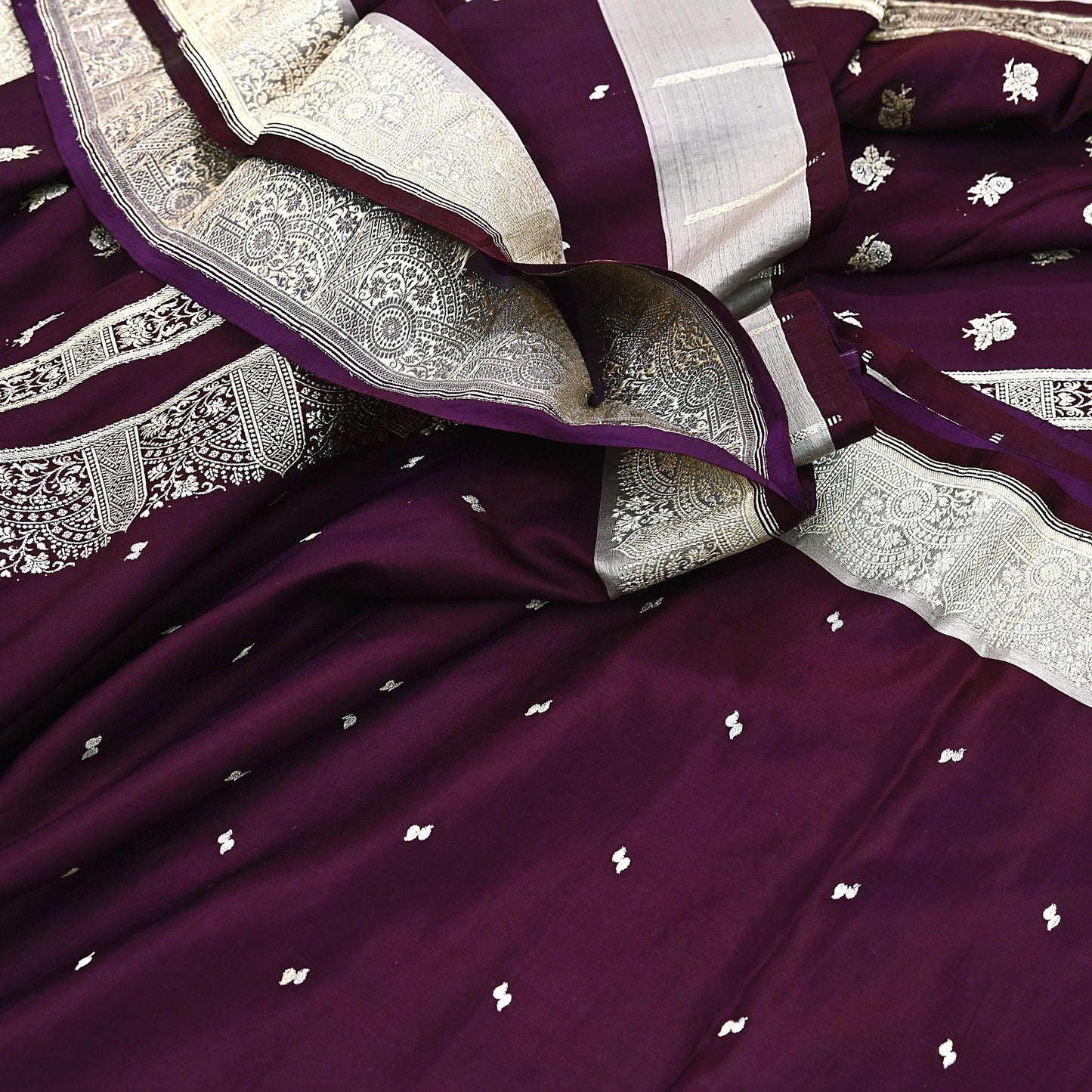 Indian Vintage Sari Wine & Gray Heavy Wedding Pure Satin Silk Banarasi Brocade Saree Zari 5Yd Craft Fabric Ethnic Dress making Crafting