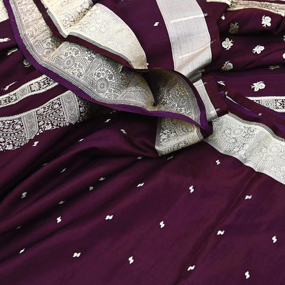 Indian Vintage Sari Wine & Gray Heavy Wedding Pure Satin Silk Banarasi Brocade Saree Zari 5Yd Craft Fabric Ethnic Dress making Crafting