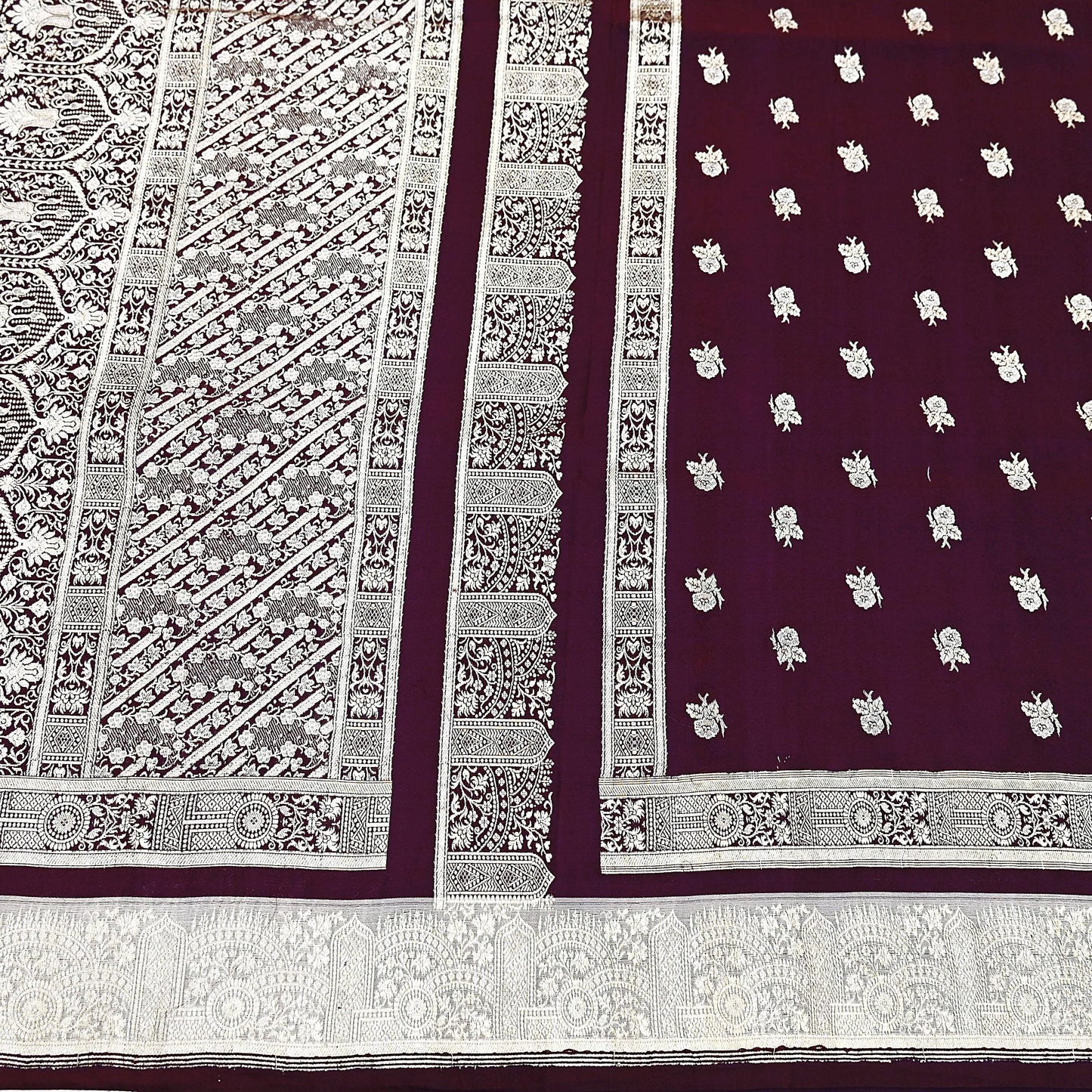 Indian Vintage Sari Wine & Gray Heavy Wedding Pure Satin Silk Banarasi Brocade Saree Zari 5Yd Craft Fabric Ethnic Dress making Crafting