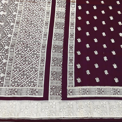 Indian Vintage Sari Wine & Gray Heavy Wedding Pure Satin Silk Banarasi Brocade Saree Zari 5Yd Craft Fabric Ethnic Dress making Crafting